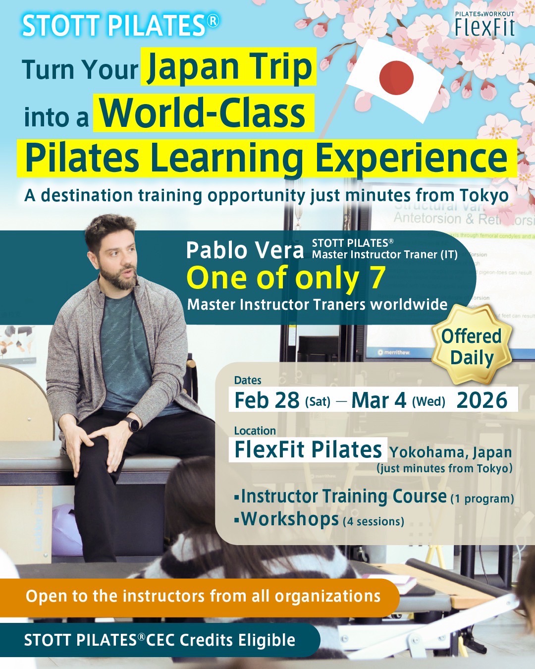 Join us in Yokohama, JAPAN for a special Pilates workshop led by Pablo Vera, one of only seven STOTT PILATES® Master Instructors in the world.　Experience this rare opportunity to learn directly from a Master IT.